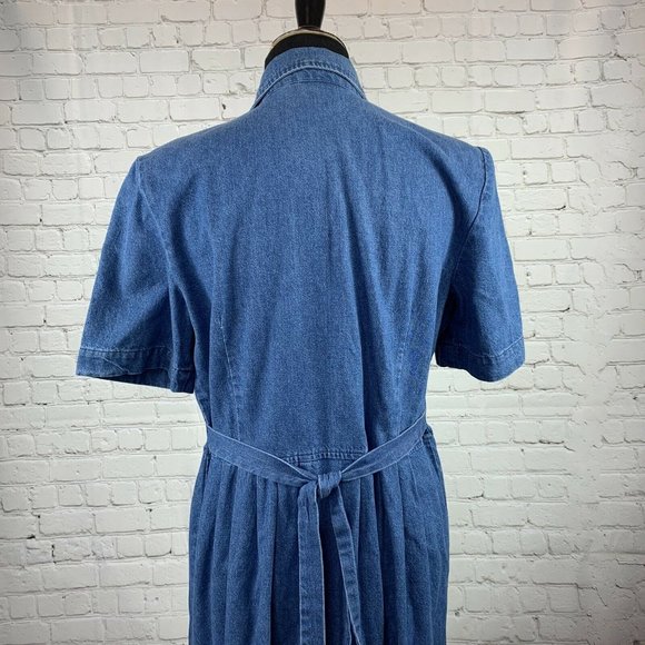 Vintage Modest Denim Maxi Dress size 12 Leslie Belle Floral Ribbon Button Front - Picture 5 of 6